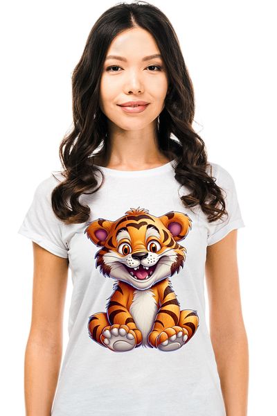 StoryGift Romania Women's T-shirt with a cheerful tiger, illustration, crazy, crazy look, animal, WHT_L