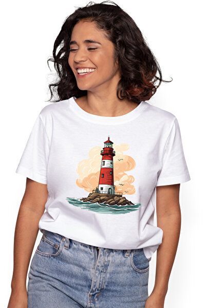 StoryGift Romania Tricou Femei cu un far, ilustratie, pasari, mare, apa, arta...