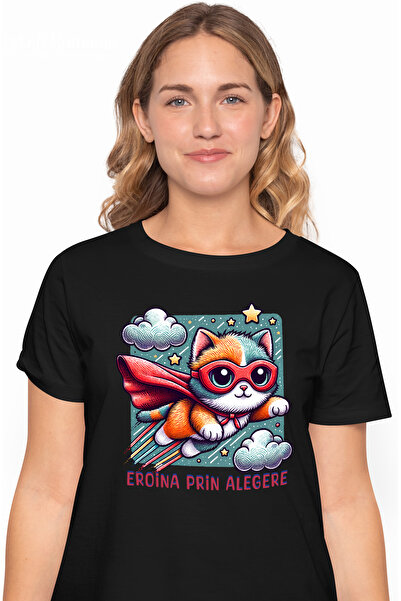 StoryGift Romania Tricou Femei Super Printesa, SuperErou, Eroina Prin Alegere, cu imprimeu pe Fat BLK_L