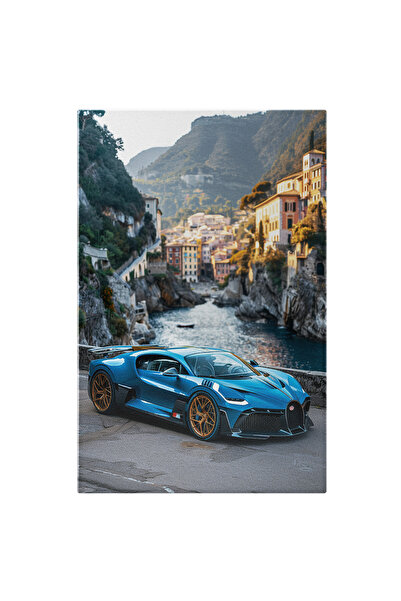 StoryGift Romania Tablou Canvas Masina De Curse Albastra Cu Rotile Portocali Langa Un Rau Care Trece Pe Langa Ca