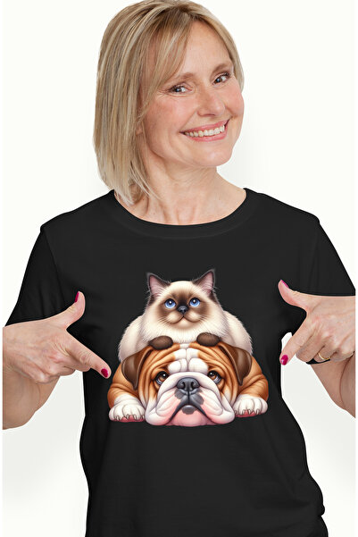 StoryGift Romania Tricou Femei cu o pisicuta si un catelus, ilustratie, priet...