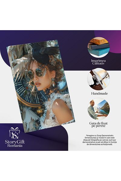 StoryGift Romania Tablou Canvas Diva Avangardistă Cu Ochelari Și Pălărie În Armonie De Flori Pene Și Dantelă , Pi