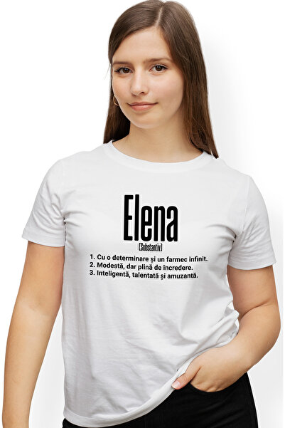 StoryGift Romania Tricou Femei Cu Numele Elena, si Mesaj Motivational, Determinare, Modesta, Intel WHT_L
