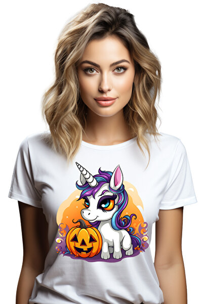 StoryGift Romania Tricou Femei cu un unicorn, ilustratie, dovleac decorat de ...