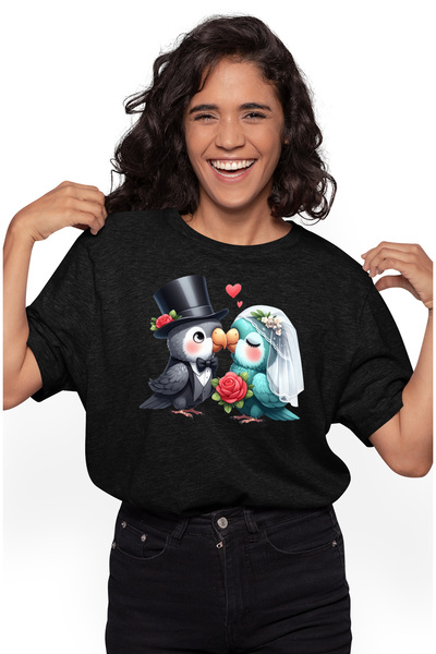 StoryGift Romania Tricou Femei cu 2 papagali la nunta, ilustratie, iubire, mi...