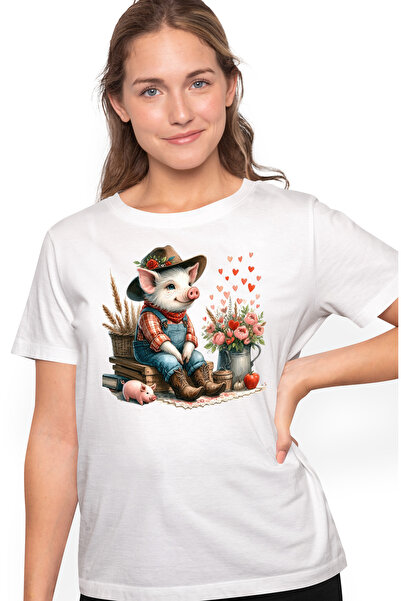 StoryGift Romania Tricou Femei cu un porcusor cu palarie de cowboy, ferma, Ve...