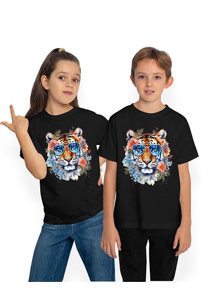 StoryGift Romania Children's T-shirt with a tiger with glasses, flowers around, plants, nature, freedom, abstract, s