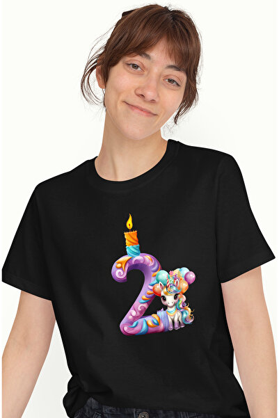 StoryGift Romania Tricou Femei cu cifra 2, unicorn, baloane, aniversare, ilustratie, pentru copii, BLK_L