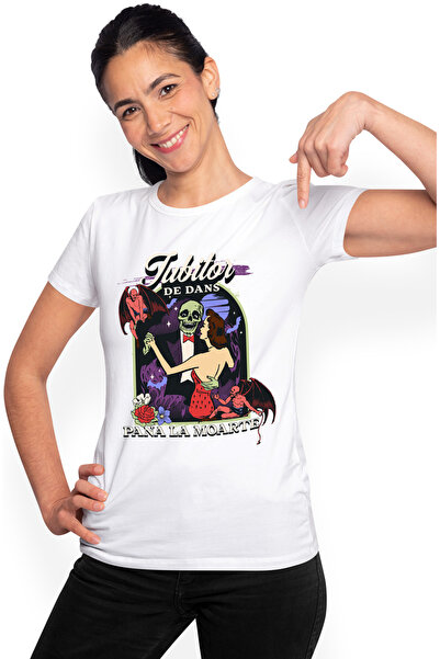 StoryGift Romania Women's T-shirt Dance lover skeletons dancing with lady with Printed on the face, 10 WHT_M