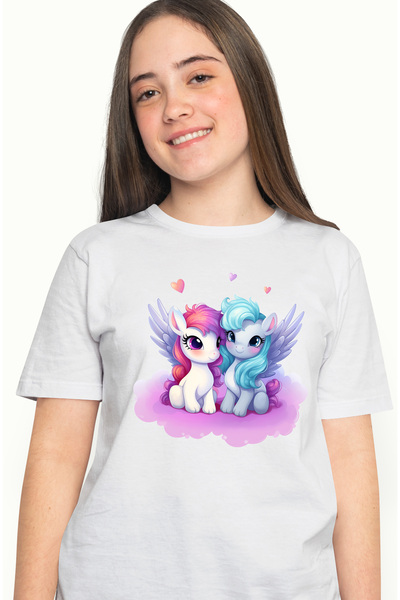 StoryGift Romania Tricou Femei cu 2 unicorni, ilustratie, inimioare, norisori...