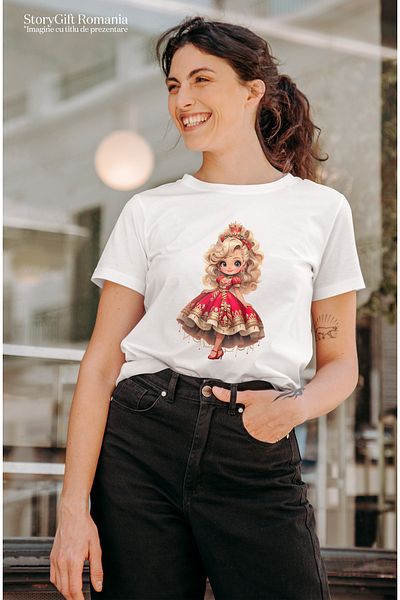 StoryGift Romania Tricou Femei cu o fetita dragalasa, ilustratie, ornamente rosii pe parul blond, WHT_L
