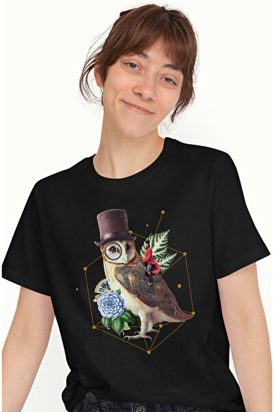 StoryGift Romania Tricou Femei Cu Bufnita, Figuri Geometrice, Flori, Palarie, Calaret, Ochelari, M BLK_M