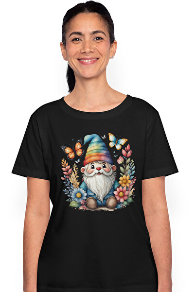 StoryGift Romania Tricou Femei cu un pitic de gradina vesel, ilustratie, fluturi, natura, flori di BLK_L