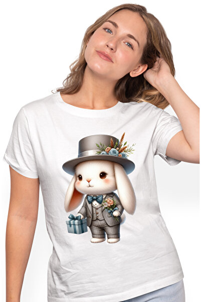 StoryGift Romania Tricou Femei cu un iepuras la costum, ilustratie, palarie, ...