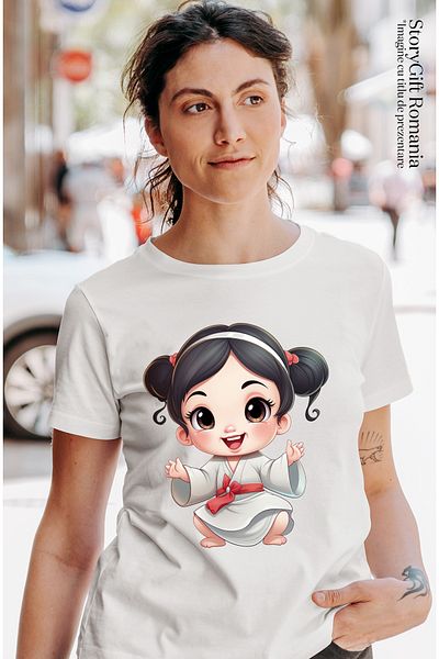 StoryGift Romania Women's T-shirt with a cheerful little girl, illustration, cute, playful, training by WHT_L