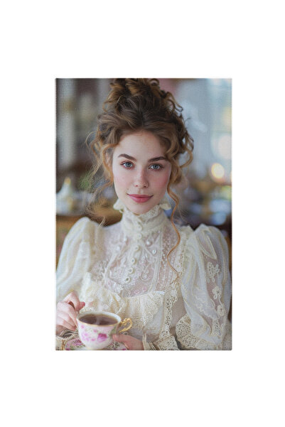 StoryGift Romania Tablou Canvas: Portret Femeie În Rochie Albă Și Ceașcă Cu C...