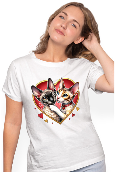 StoryGift Romania Tricou Femei cu 2 pisici Sfinx, ilustratie, inimioare, zgar...