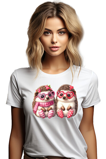 StoryGift Romania Tricou Femei cu 2 arici veseli, ilustratie, emotii, prietenie, ochelari, inimioa WHT_L