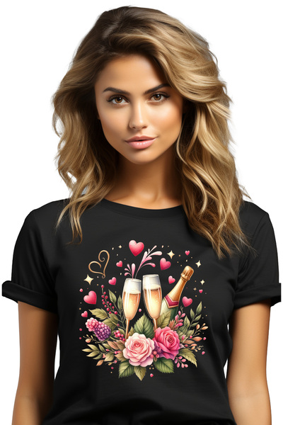 StoryGift Romania Tricou Femei cu sampanie, ilustratie, sticla, pahare, celeb...