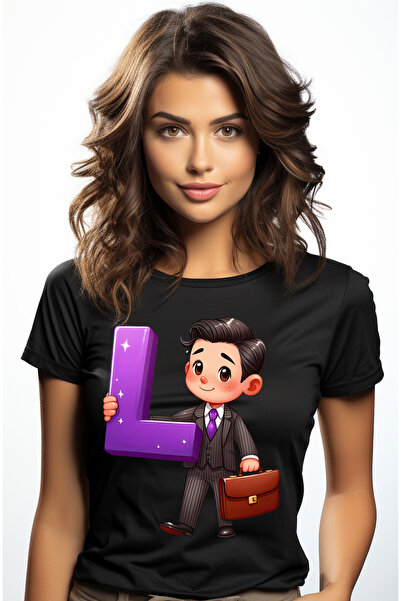 StoryGift Romania Tricou Femei cu un barbat cu o servieta care tine litera "L", ilustratie, la cos BLK_L