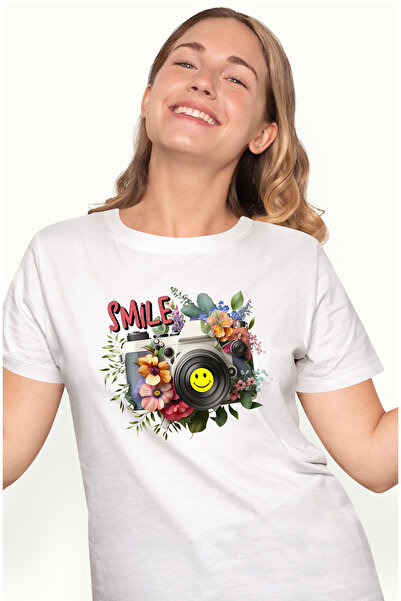 StoryGift Romania Tricou Femei cu aparat de fotografiat cu mesajul "Smile", i...