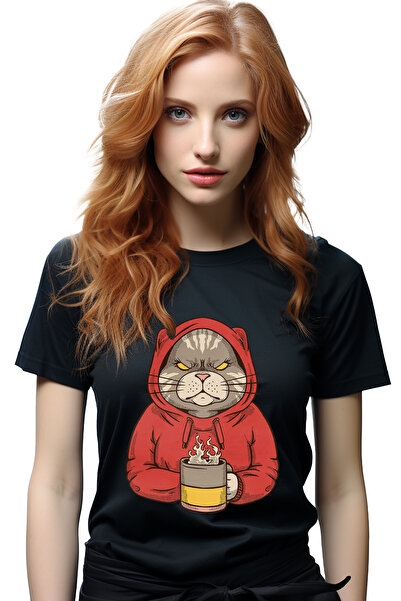 StoryGift Romania Tricou Femei Cu Portret Pisica Suparata In Hanorac Cu Gluga...