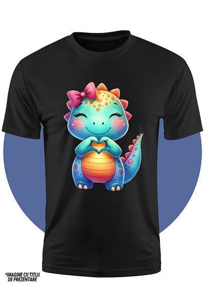 StoryGift Romania Tricou Copii Cu Un Pui De Dinozaur Fericit, Ilustratie, Forma De Inima, Imbujorat, Aprecie