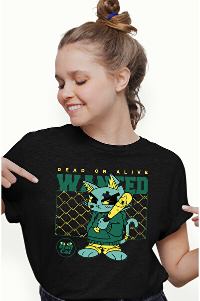 StoryGift Romania Tricou Femei Cu Mesaj In Engleza Dead Or Alive Wanted, Pisica, Bata, Multicolor BLK_L