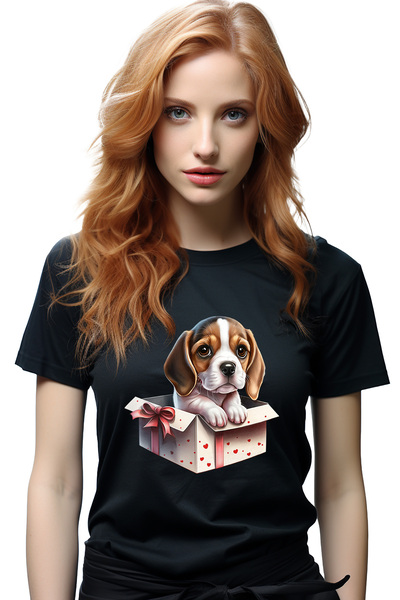 StoryGift Romania Tricou Femei cu un catel timid care iese dintr-o cutie de c...