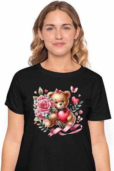 StoryGift Romania Tricou Femei cu un ursulet de plus, ilustratie, vesel, flori, trandafiri, inimio BLK_M