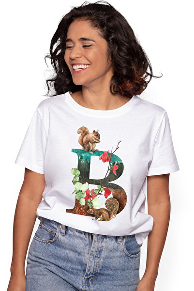 StoryGift Romania Tricou Femei Cu Litera, B, Veverite, Flori, Frunze, Multico...