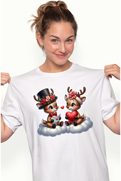 StoryGift Romania Tricou Femei cu 2 reni care stau pe norisori, ilustratie, i...