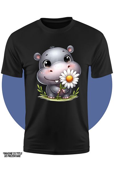 StoryGift Romania Tricou Copii Cu Un Pui De Hipopotam Vesel, Ilustratie, Tine O Floare Alba, Natura, Iarba,