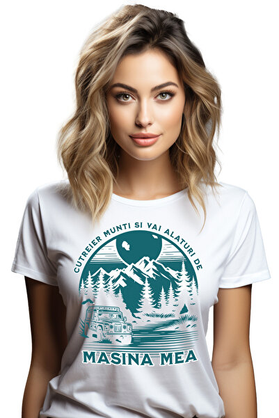 StoryGift Romania Tricou Femei cutreier munti si vai alaturi de masina mea aventura cu imprimeu pe WHT_L