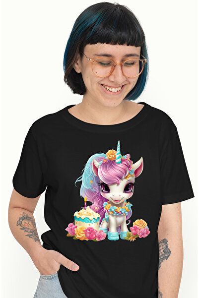 StoryGift Romania Tricou Femei cu un unicorn vesel, ilustratie, tort, imbujor...