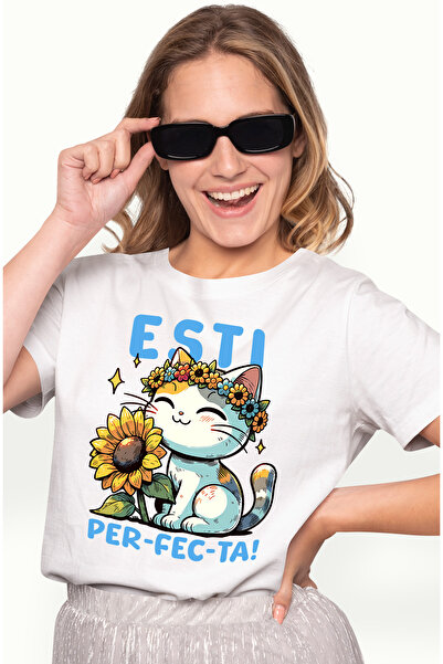 StoryGift Romania Tricou Femei Pisica cu Floricele - Esti Per-fec-ta, cu impr...