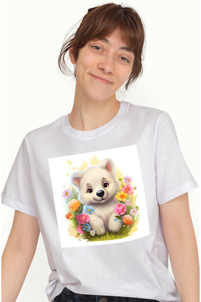 StoryGift Romania Tricou Femei cu un ursulet polar, ilustratie, printre flori...