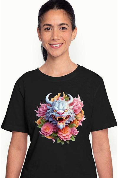 StoryGift Romania Tricou Femei cu un dragon chinezesc, ilustratie, anul dragonului, nou, floricele BLK_L