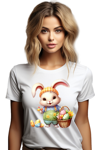 StoryGift Romania Tricou Femei cu un iepure alb fericit, ilustratie, cosulet cu oua vopsite, sarba WHT_L