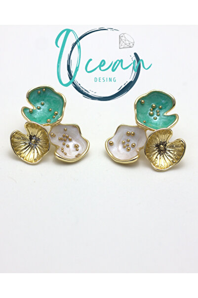 OCEANDESING Pirinç Gold Renk Yeşil Mineli 3’lü Orkide Kadın Küpe – Trendy & Z...