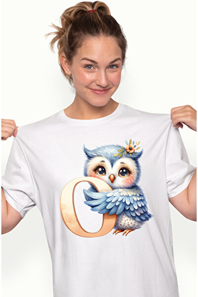 StoryGift Romania Tricou Femei cu o bufnita cu litera "O", ilustratie, pentru copii, scoala, elev, WHT_L