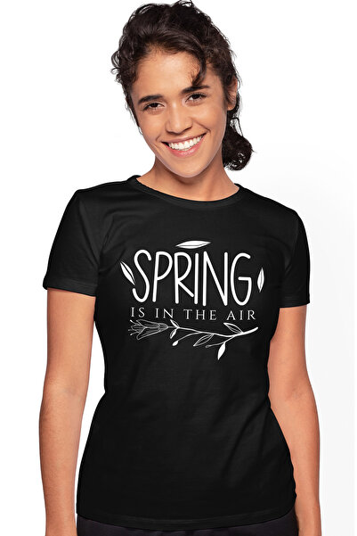 StoryGift Romania Tricou Femei cu floare si cu mesajul in engleza "Spring is in the air" - primava BLK_L