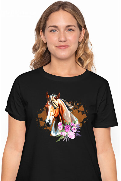 StoryGift Romania Tricou Femei cu un cal si cu flori roz, echitatie, calarit,...