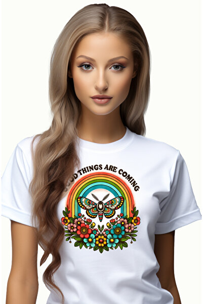 StoryGift Romania Tricou Femei cu o molie cu mesajul "Good things are coming", stilul hippie, cult WHT_L