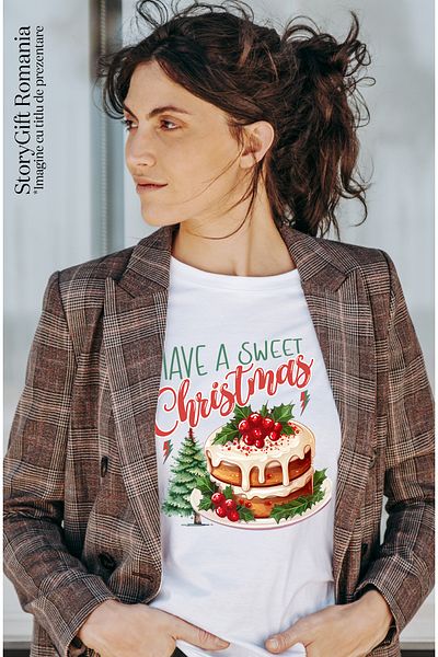StoryGift Romania Tricou Femei cu un tort cu mesajul "Have a sweet Christmas", Craciun fericit, il WHT_L