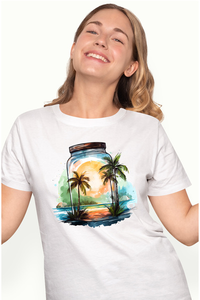 StoryGift Romania Tricou Femei cu un borcan, ilustratie, plaja, insula, apa, mare, vacanta, relaxa WHT_M