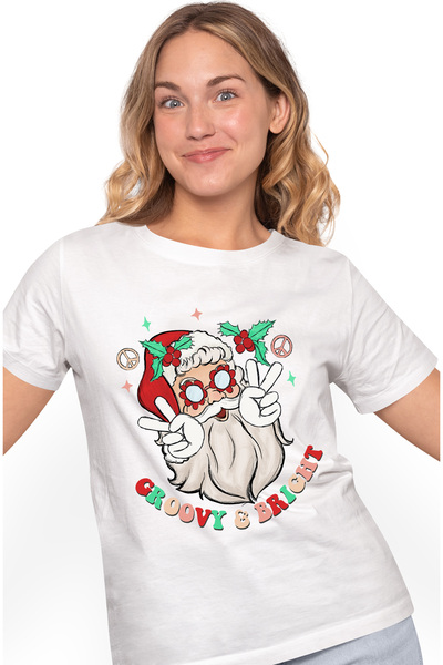 StoryGift Romania Tricou Femei cu Mos Craciun cu mesajul "Groovy & Bright", C...