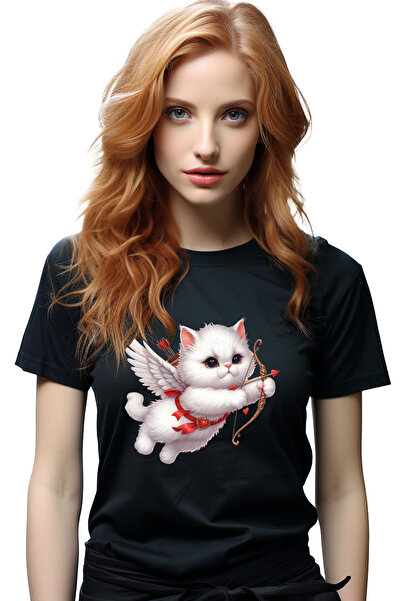 StoryGift Romania Tricou Femei cu o pisicuta alba Cupidon, blanoasa, ilustrat...