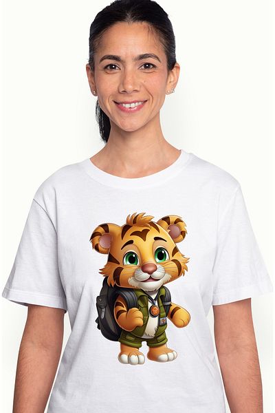 StoryGift Romania Women's T-shirt with an explorer tiger, illustration, green eyes, equipped, backpack, WHT_L
