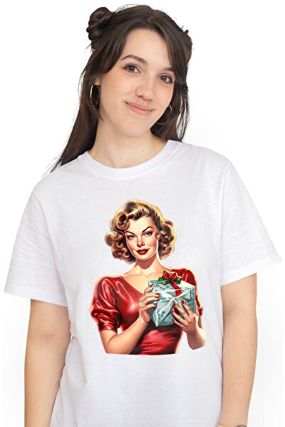 StoryGift Romania Tricou Femei cu o femeie care tine un cadou de Craciun, roc...